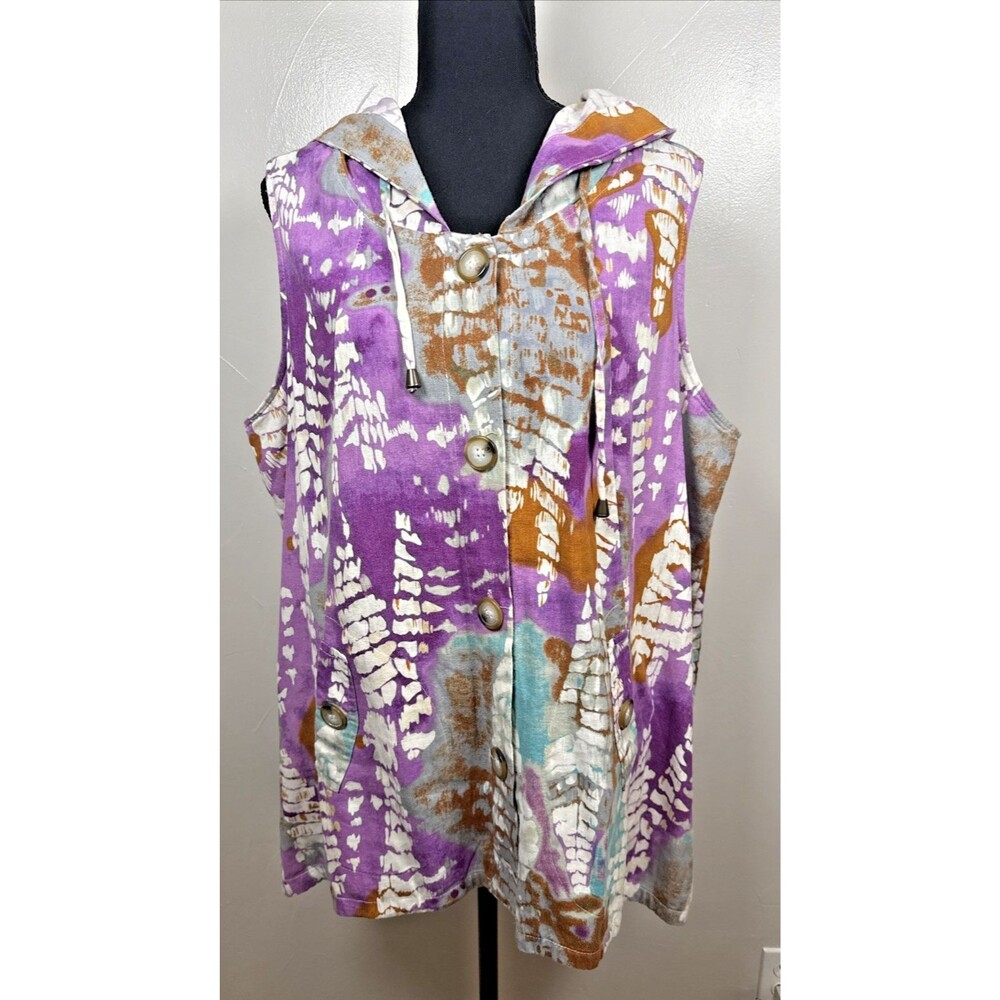 For Cynthia Woman Linen Blend Hooded Shirt Top Size 1X Beachy Boho Colorful
